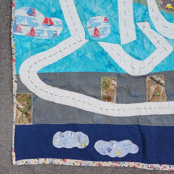 Racetrack Print Quilted Crib Blanket Baby Boys Green Blue Cars Scooters 40x55 - Picture 6 of 13